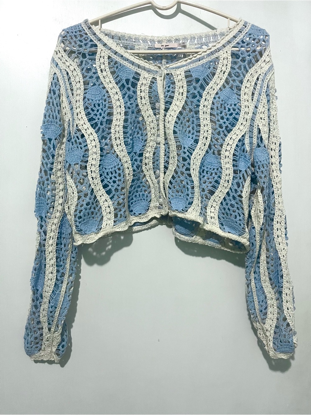 Light Blue & Cream Crochet Openwork Knit Top